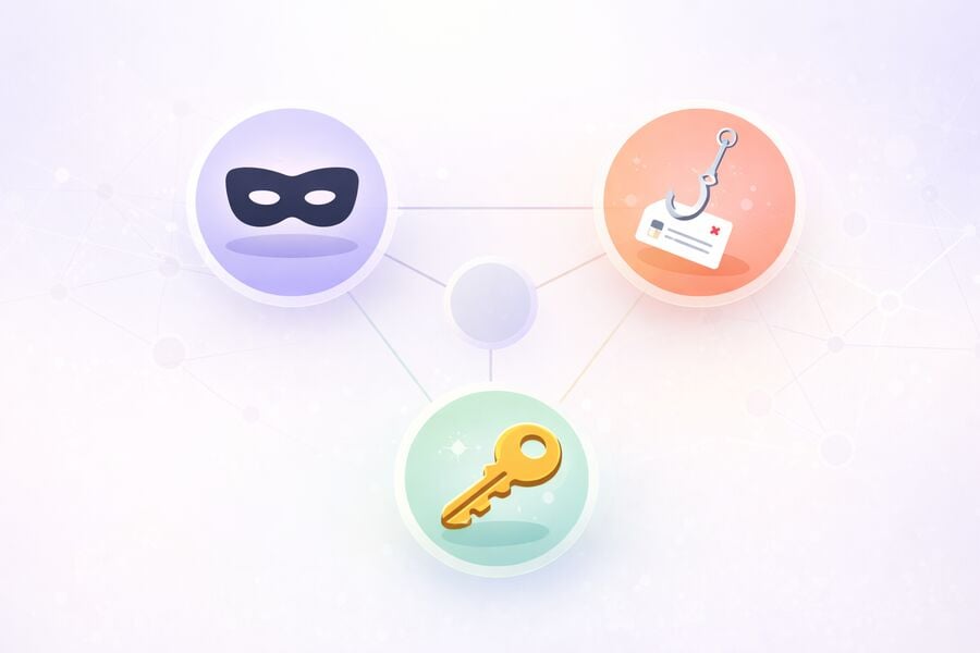 Ohumudeli kontseptsiooni illustratsioon kolme ühendatud sõlmega mis esindavad privaatsust konto taastamist ja õngitsusriski aidates lugejatel mõista