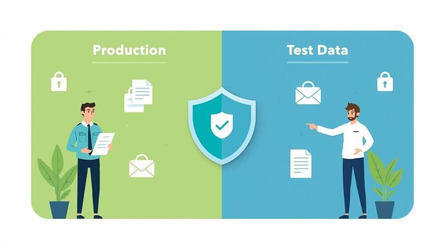 Compliance and QA teams review a shield-shaped dashboard that separates real customer data from test traffic routed through temporary email domains.
