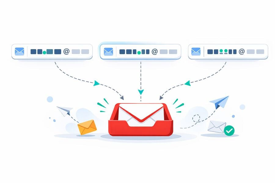 E-mailové používateľské meno s bodkami na rôznych pozíciách všetko sa zlúčilo do tej istej jednej schránky