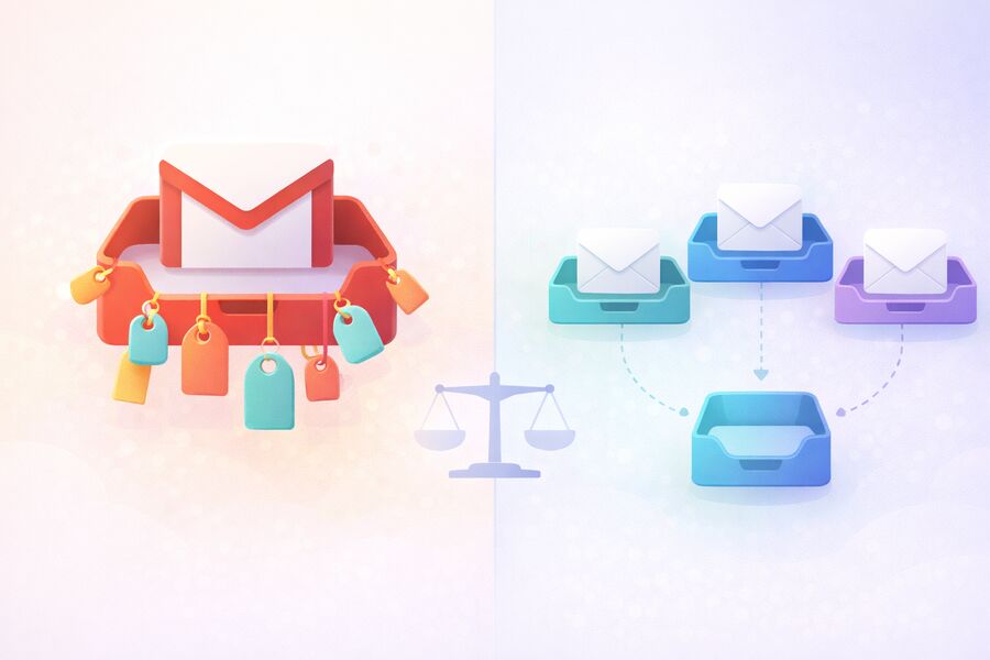 Dva stĺpce porovnávajúce jednu preťaženú Gmail schránku s mnohými aliasovými štítkami oproti viacerým nezávislým jednorazovým dočasným schránkam