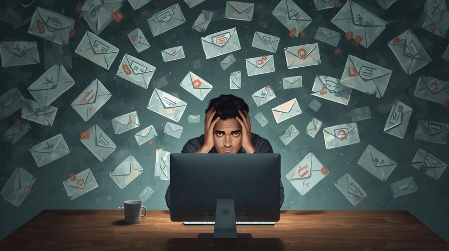 Overwhelmed traveler sitting at a desk surrounded by floating email envelopes with airplane, hotel, and discount icons, symbolizing an inbox flooded by travel newsletters, flight offers, and loyalty promos that hide important messages.