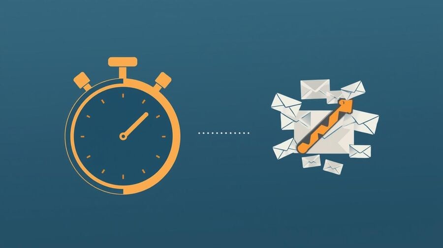 A stopwatch with two marked intervals demonstrates a disciplined resend window, while a no spam icon restrains a flurry of resend envelopes.