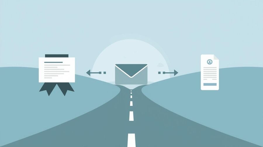 Two diverging paths—one toward a certificate and library, one toward a simple receipt—illustrate when to move from reusable inboxes to a primary email for long-term continuity.