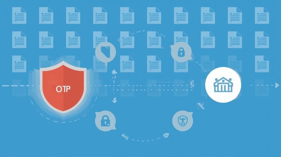 Security-focused scene where logs are anonymised and OTP codes are hidden behind shields, while CI/CD pipelines continue running, symbolising safe handling of secrets.