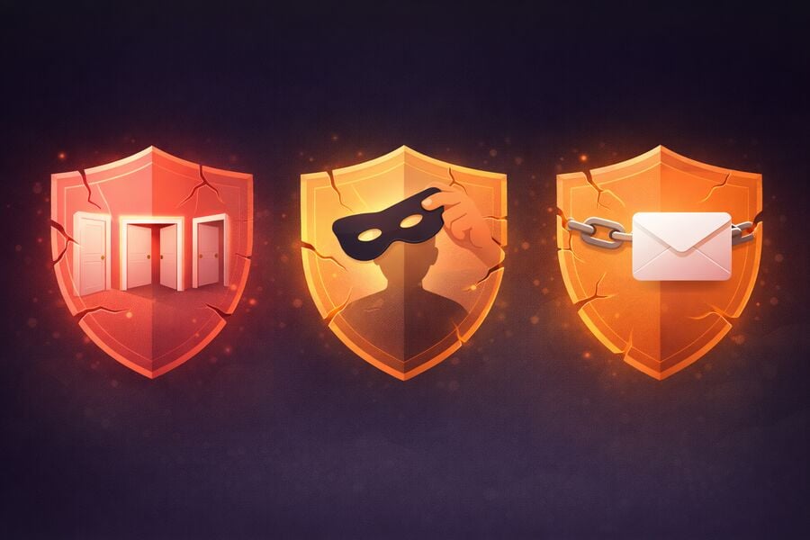 Tri popraskané segmenty štítu predstavujúce slabiny aliasov Gmailu žiadne oddelenie žiadna anonymita a žiadna obnoviteľnosť